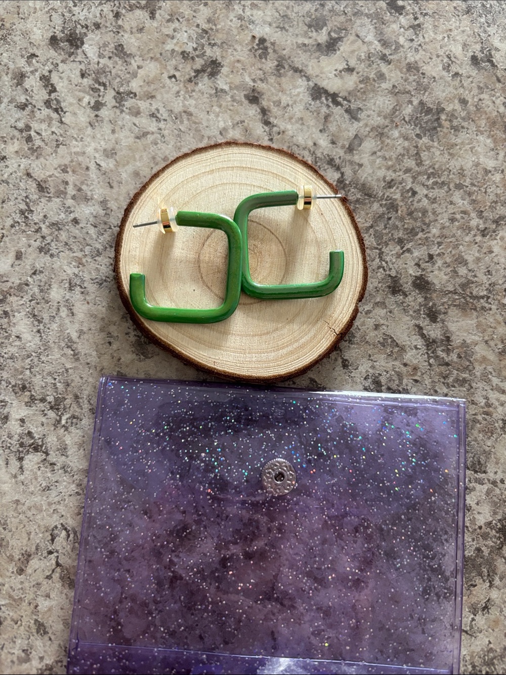 Green Square Hoop Earrings with Gold Posts